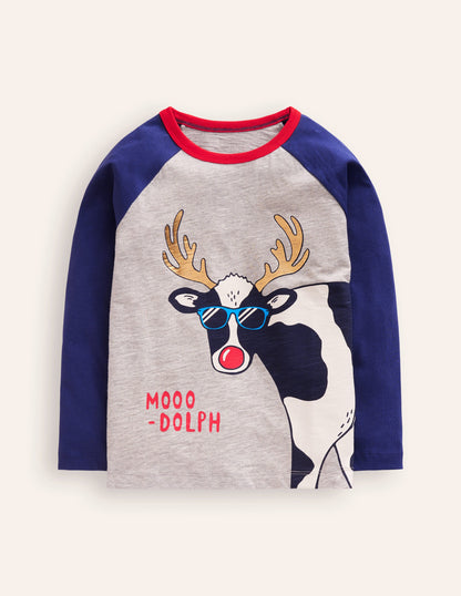 T-shirt festif à manches raglan-Gris Marl Moo-Dauphin-1