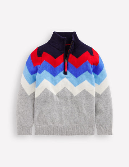 Klassischer Pullover mit halblangem Reißverschluss-Grau Meliert Chevron