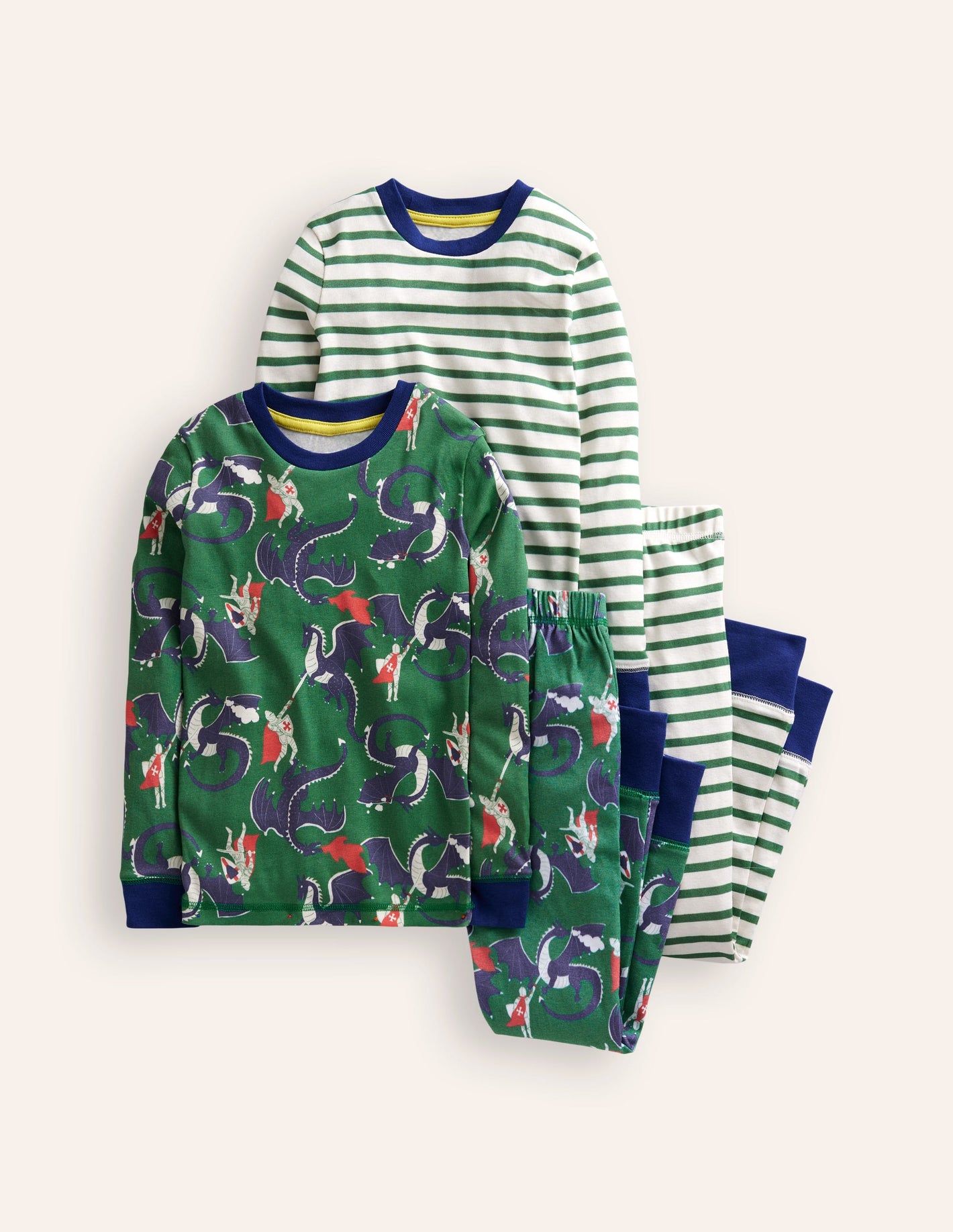 Snug Twin Pack Pyjamas-Green Dragon and Stripe