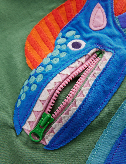 T-shirt zippé à appliqué-Dinosaure vert triton