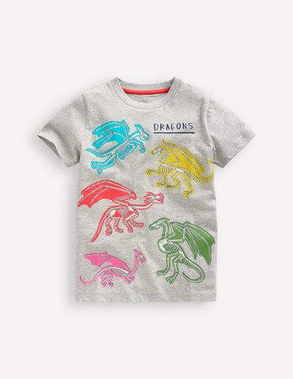 T-shirt phosphorescent à manches courtes-Dragons gris chiné