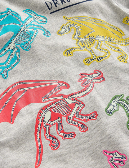 T-shirt phosphorescent à manches courtes-Dragons gris chiné