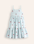 Gestuftes Sommerkleid zum Herumwirbeln-Vintage-Blau/Naturweiß Erdbeere