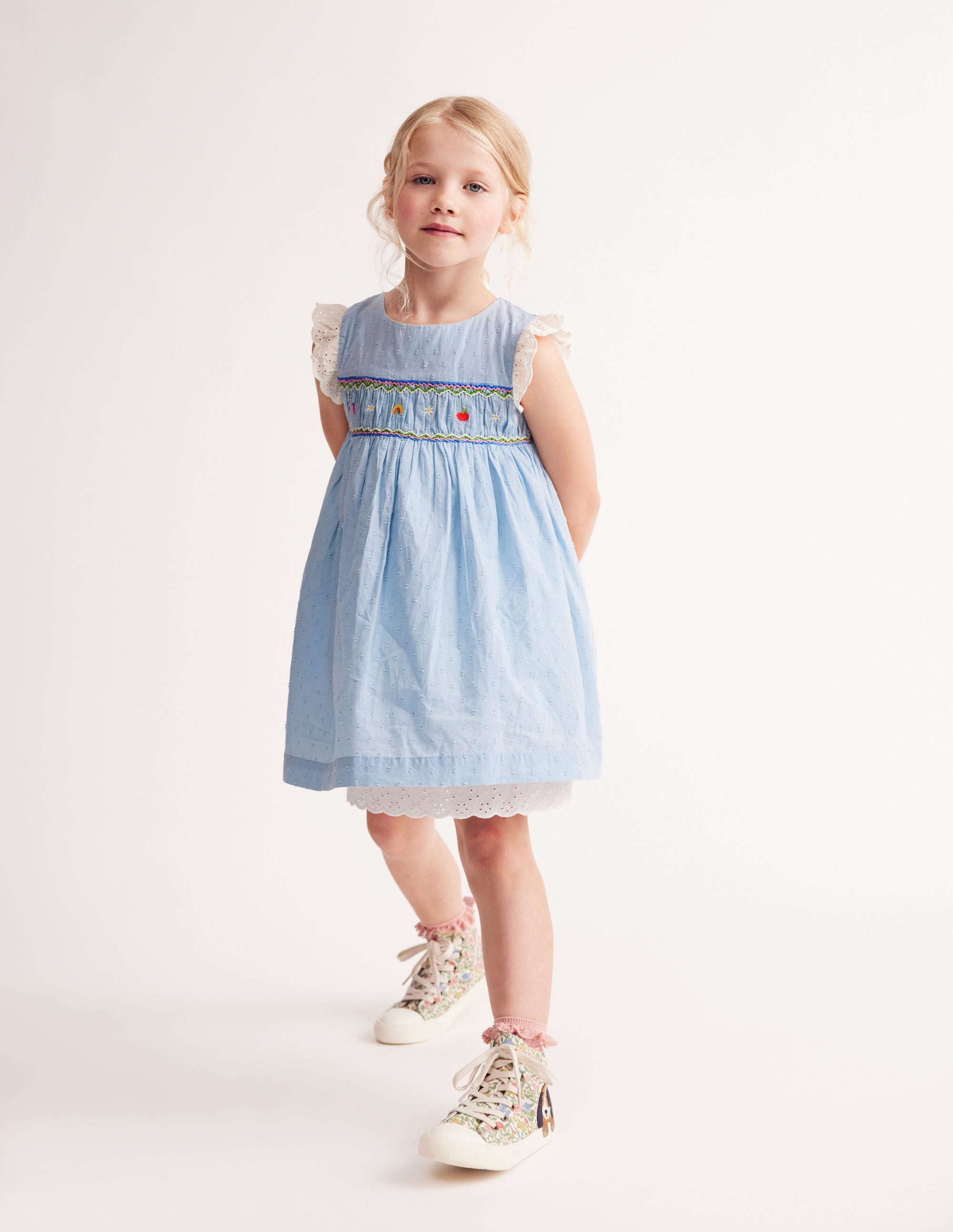 Gesmoktes Kleid mit Spitzenbesatz-Denim - Image 1