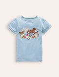 Top à manches bouffantes et super surpiqûres-Chevaux bleus