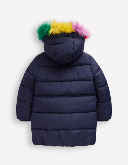 Longline Padded Coat-College Navy Rainbow Fur