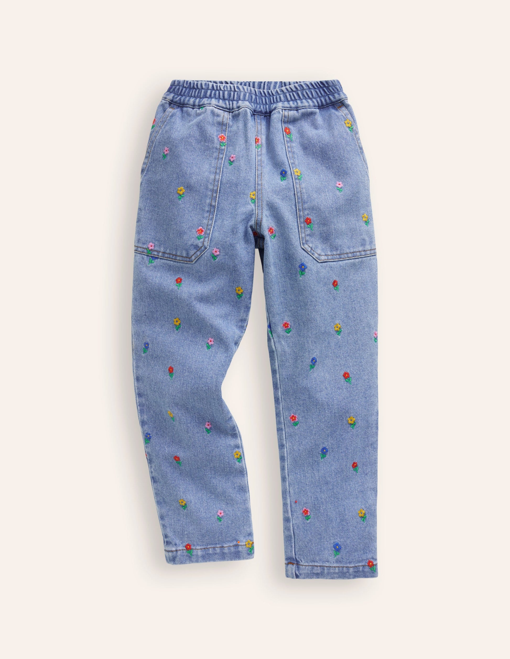 Embroidered Pull-On Trousers-Denim Floral Embroidery-1
