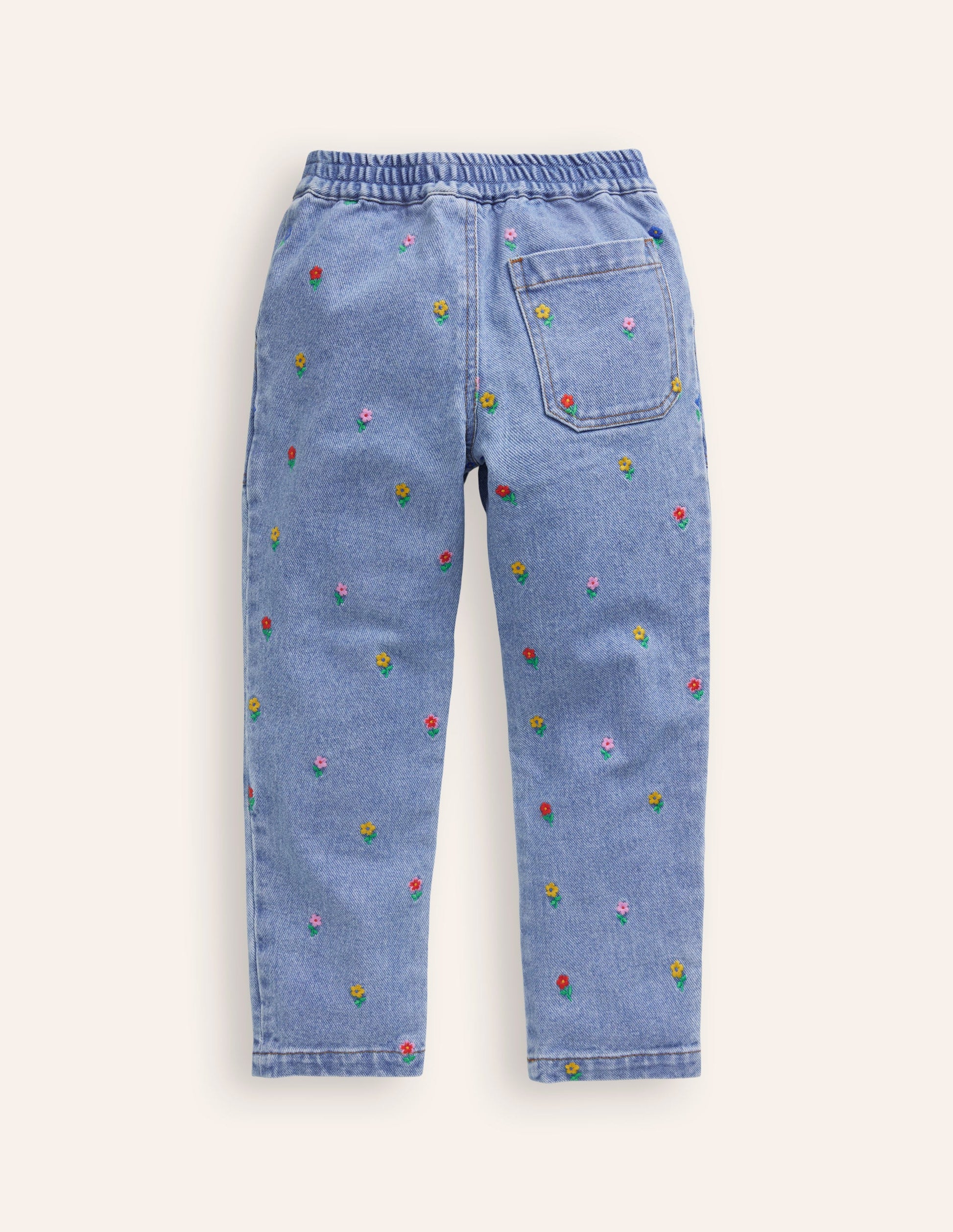 Embroidered Pull-On Trousers-Denim Floral Embroidery-2