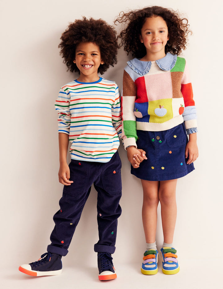 Embroidered Pull-On Trousers-College Navy Apples