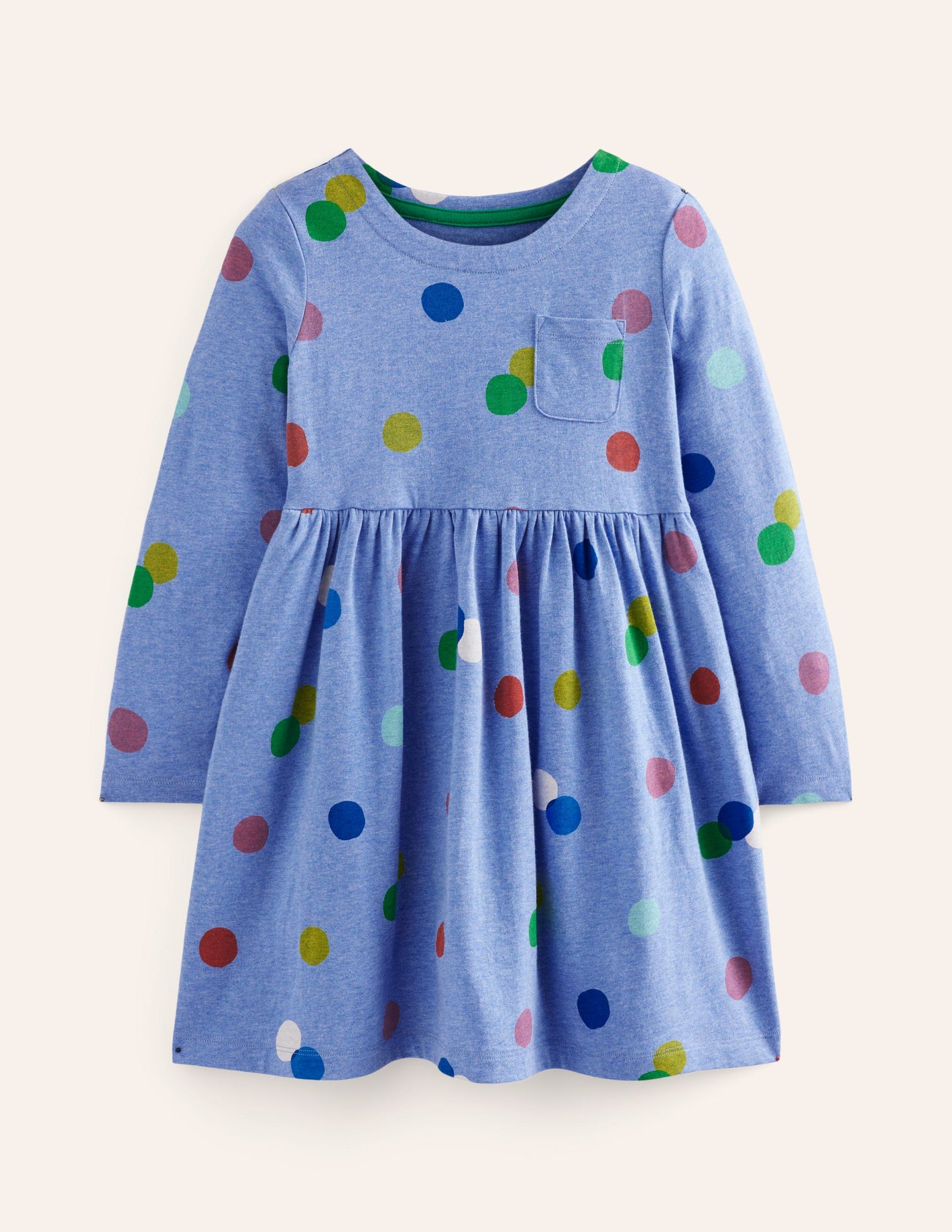 Robe fun à manches longues en jersey-Pois peints bleu chiné