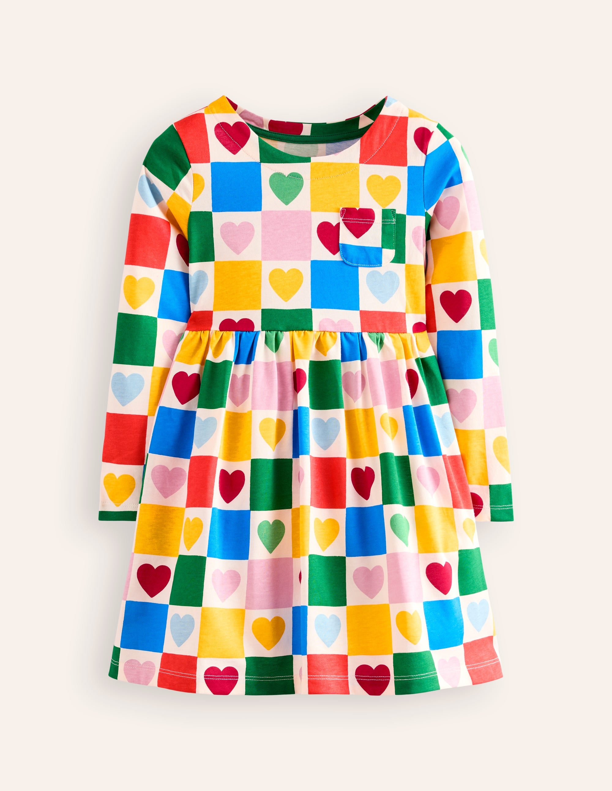 Long-Sleeved Fun Jersey Dress-Multi Chequerboard Hearts - Image 1