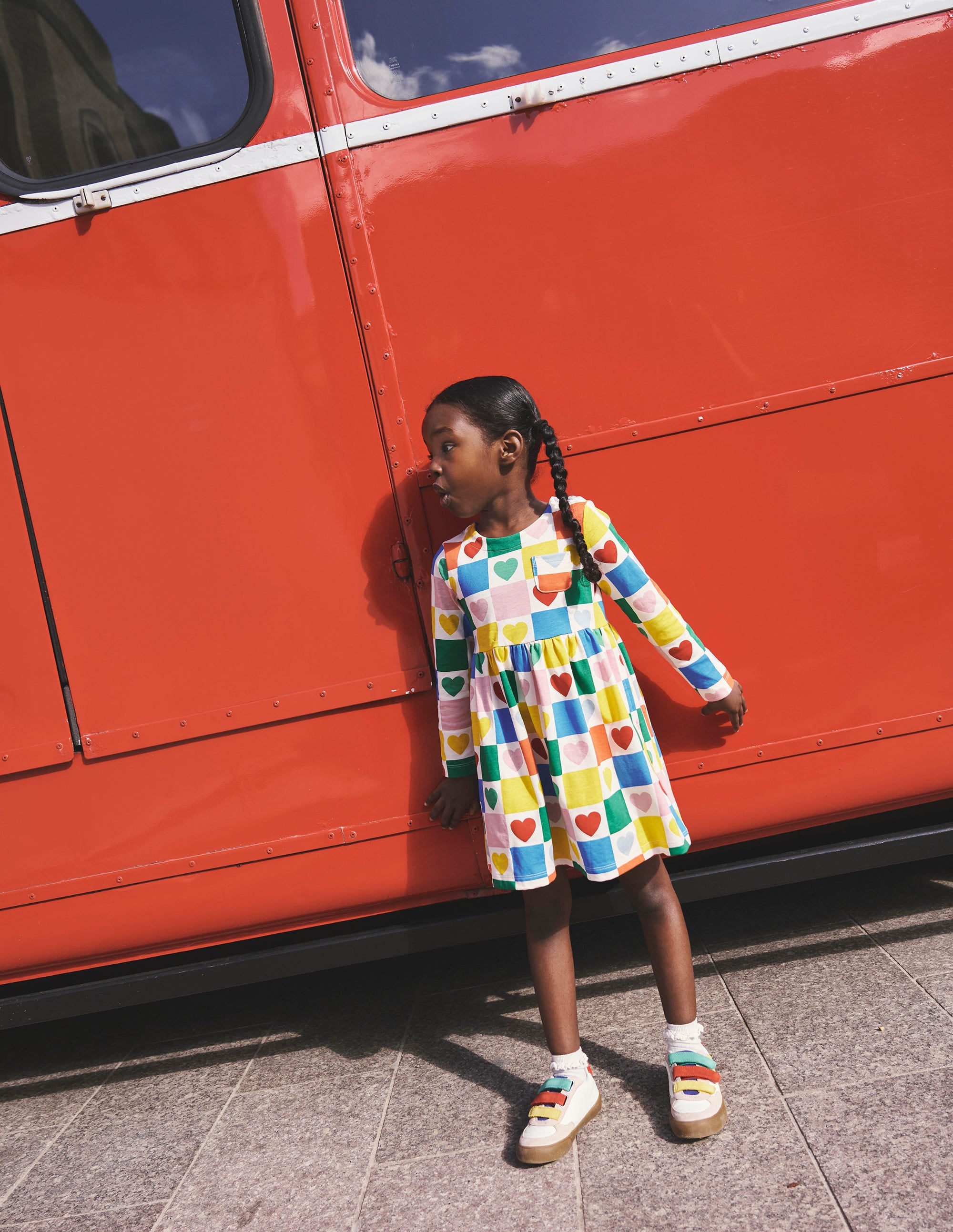 Long-Sleeved Fun Jersey Dress-Multi Chequerboard Hearts - Image 4