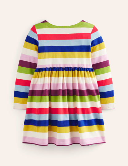 Long-Sleeved Fun Jersey Dress-Rainbow Multi Stripe