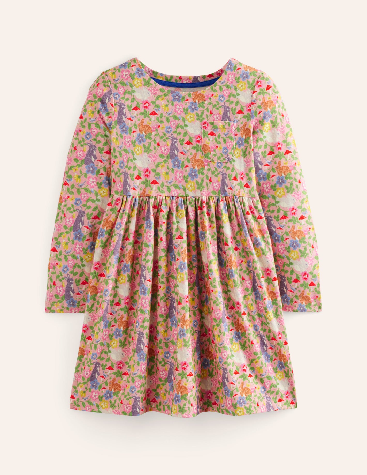 Robe fun à manches longues en jersey-Champ de lapins rose vintage