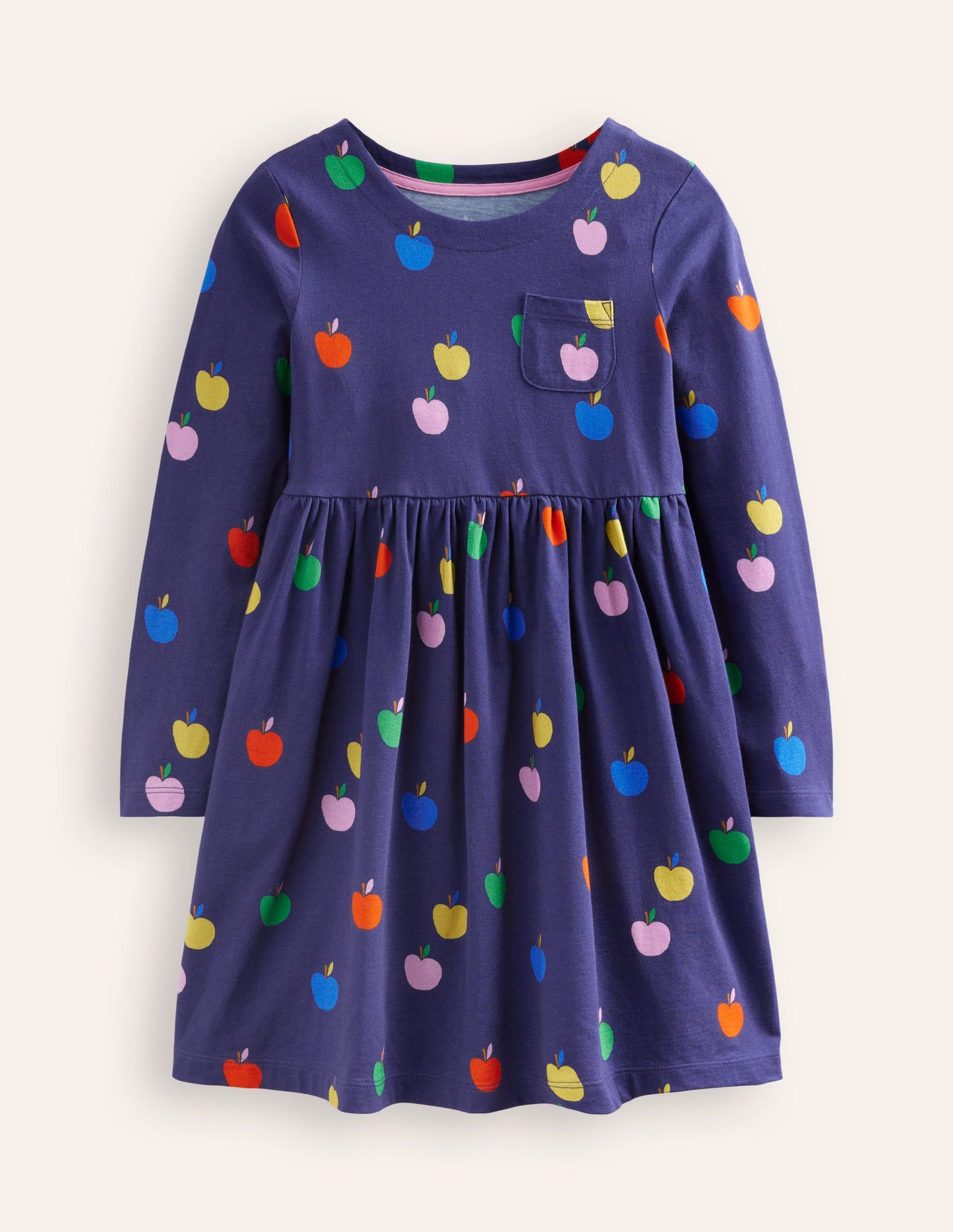 Long-Sleeved Fun Jersey Dress-College Navy Rainbow Apples