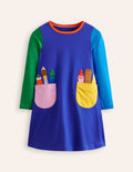 Elsie Kleid mit großen Applikationen-Blaue Schulutensilien-Taschen