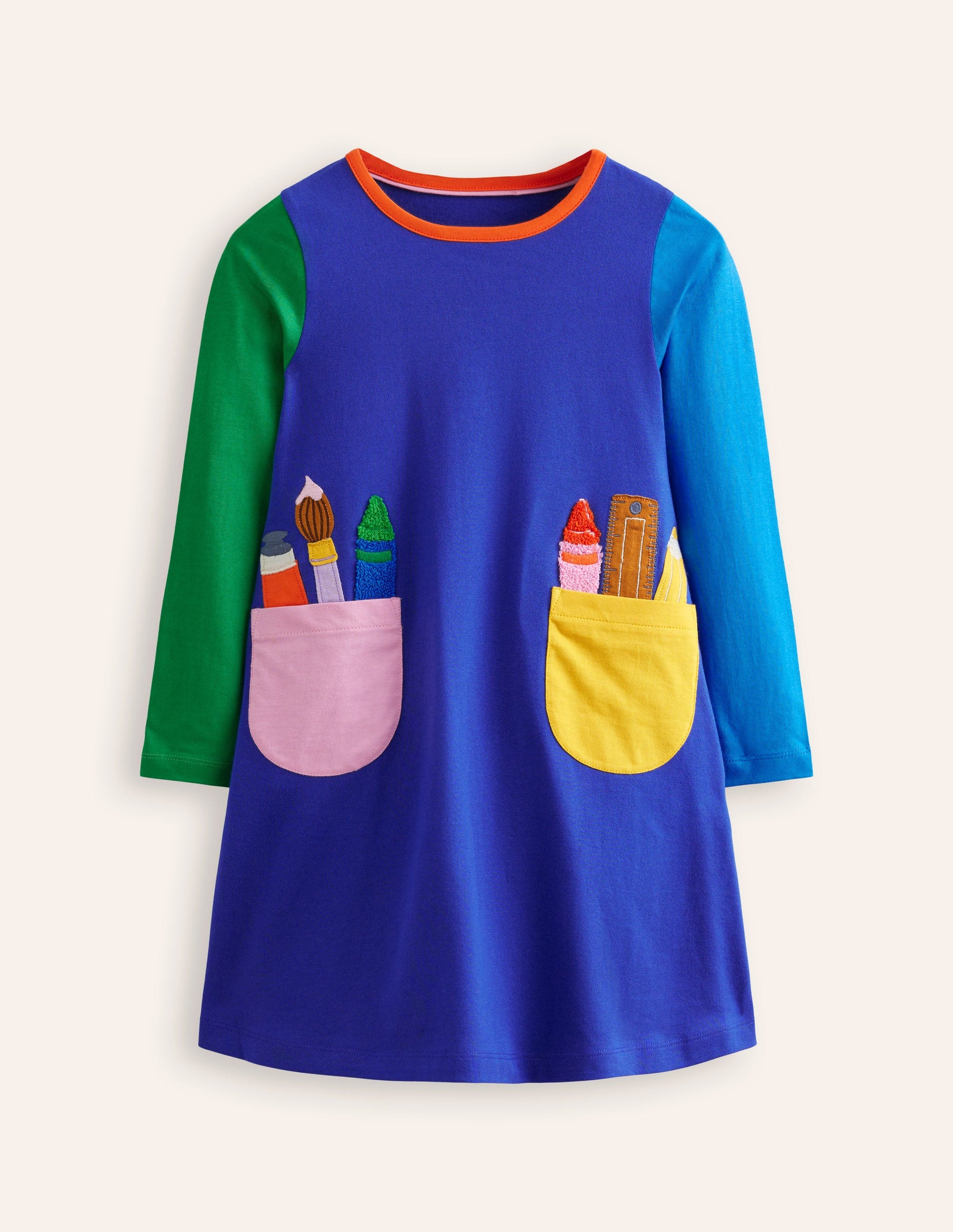 Elsie Kleid mit großen Applikationen-Blaue Schulutensilien-Taschen-1