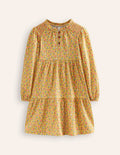 Gestuftes Jerseykleid-Kanariengelb Kleines Blumenmuster
