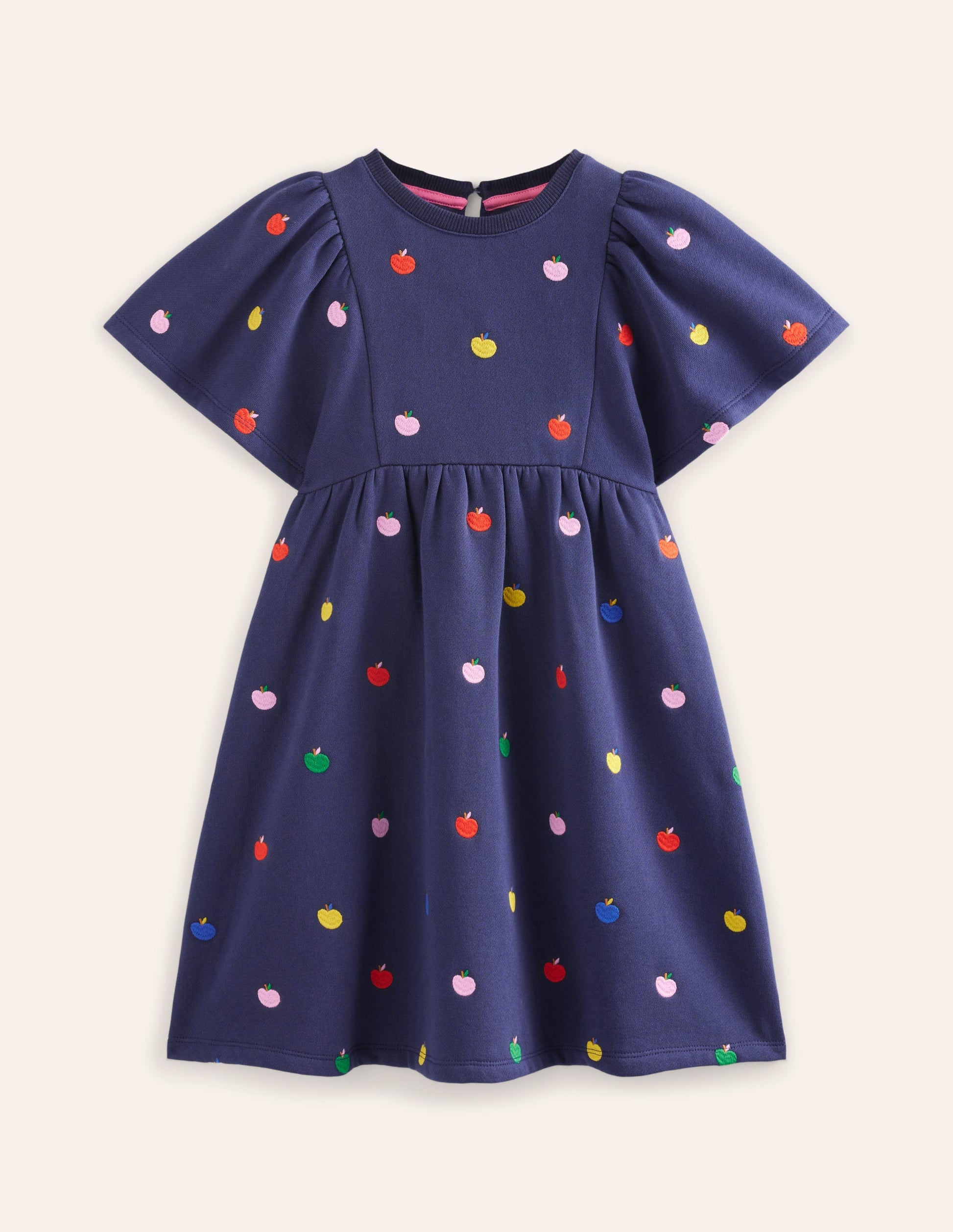 Robe-sweat brodée cosy-Pommes arc-en-ciel bleu marine universitaire-4