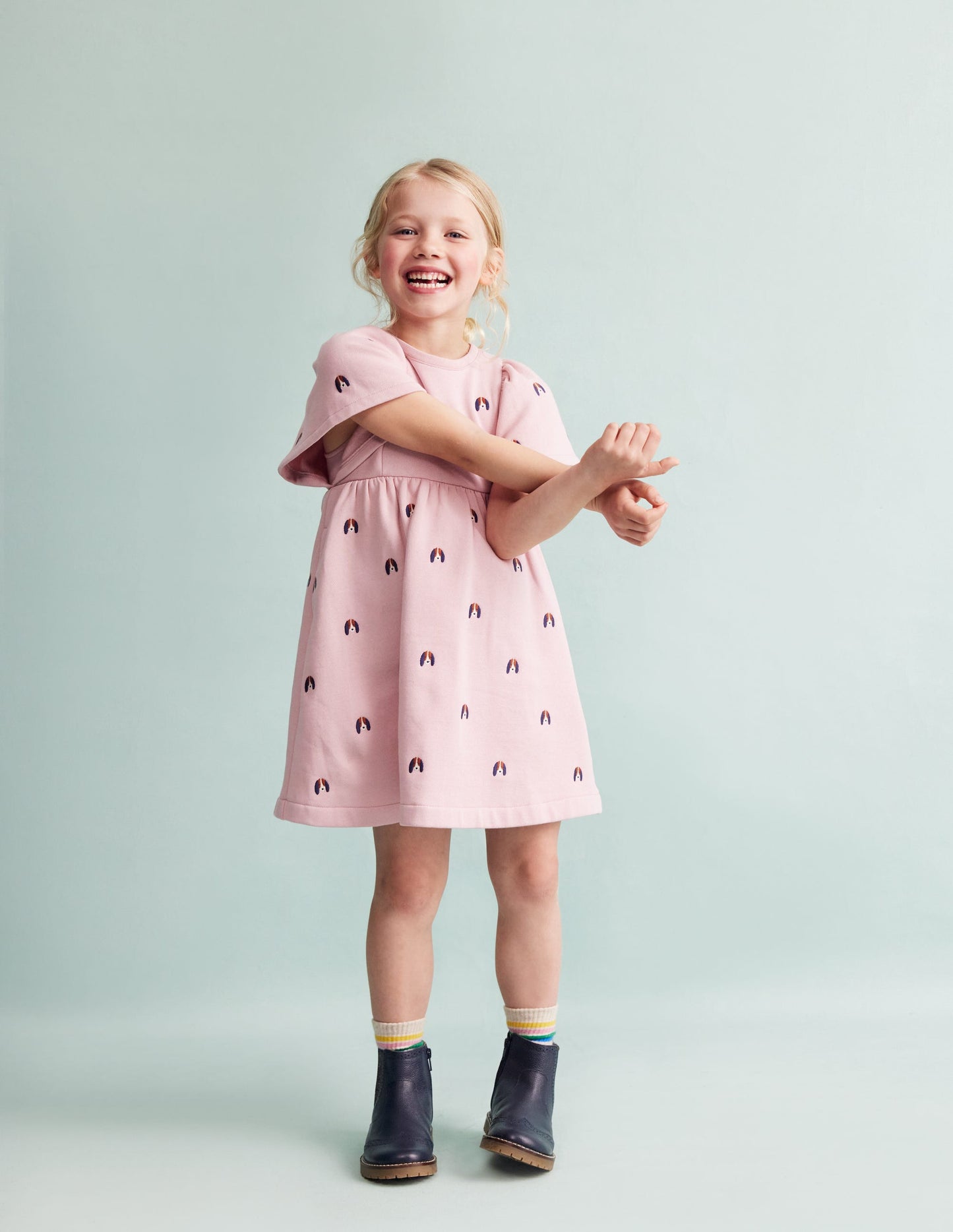 Embroidered Cosy Sweat Dress-Vintage Pink Pups