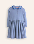 Geripptes Kleid mit Kragen zum Herumwirbeln-Blauhäher/Naturweiß Streifen