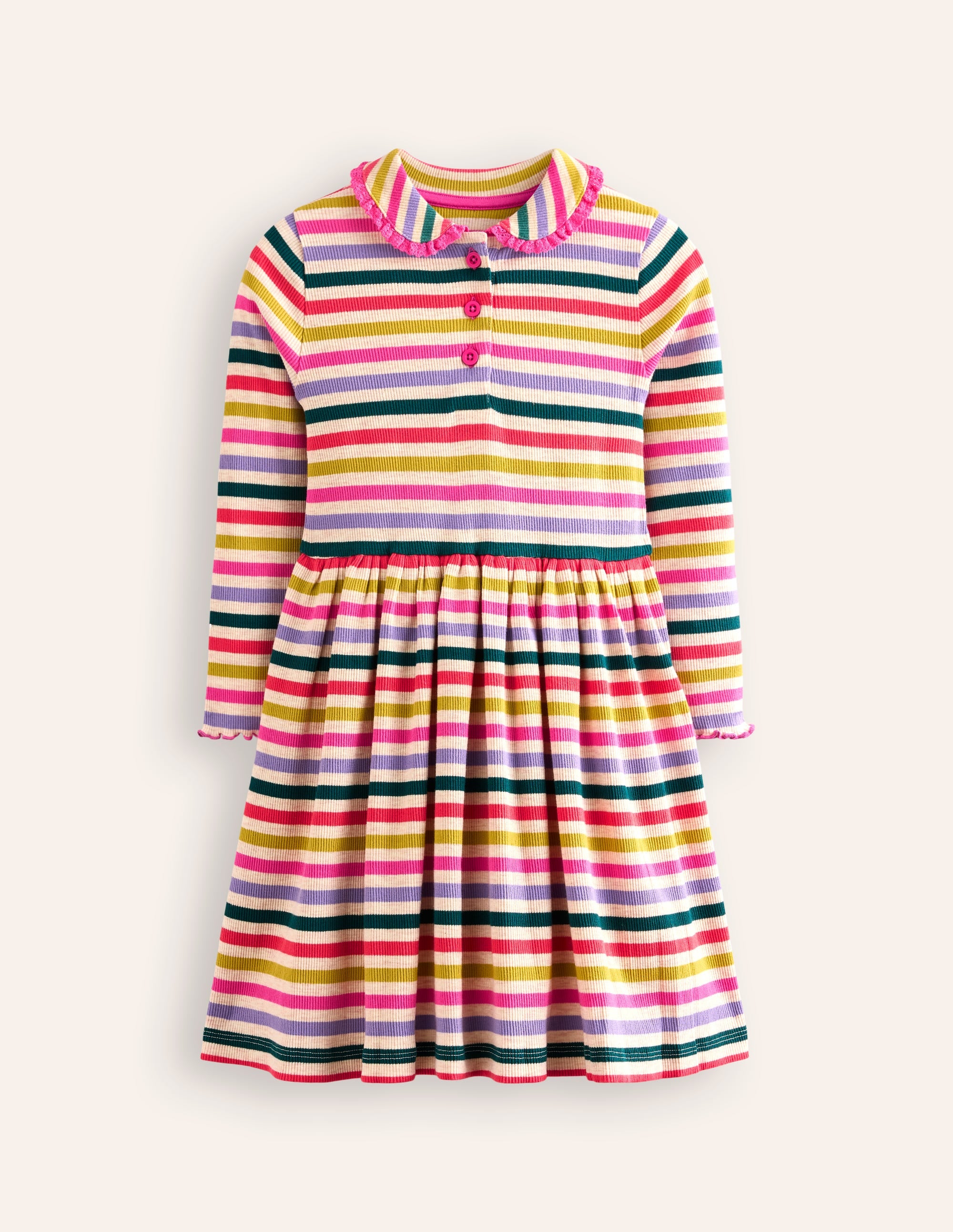 Geripptes Kleid mit Kragen zum Herumwirbeln-Haferbeige Meliert Bunte Streifen - Image 1