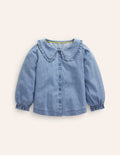 Blouse à col volanté-Bleu chambray