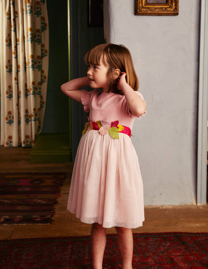 Robe Ottilie en velours et tulle-Feuilles d'automne rose vintage