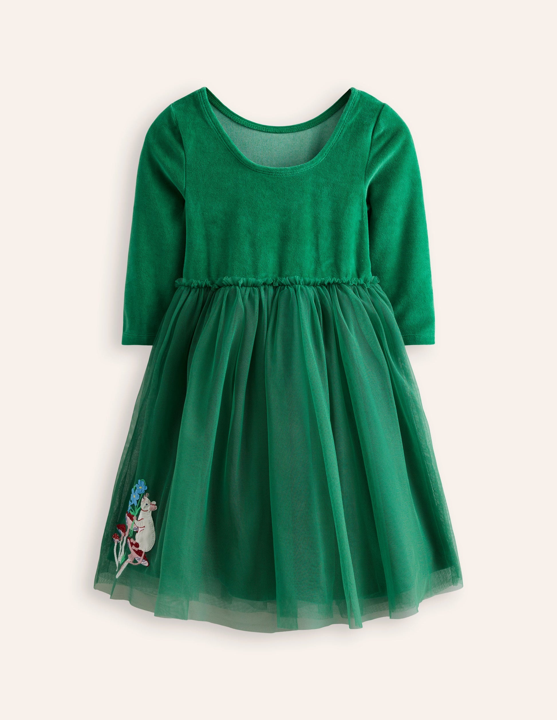 Kleid aus Samt und Tüll mit Applikationen-Juwelengrün Wald Tiere-1