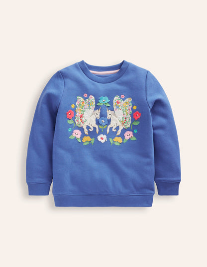 Sweatshirt mit Applikation-Blauhäher-Blau Einhorn