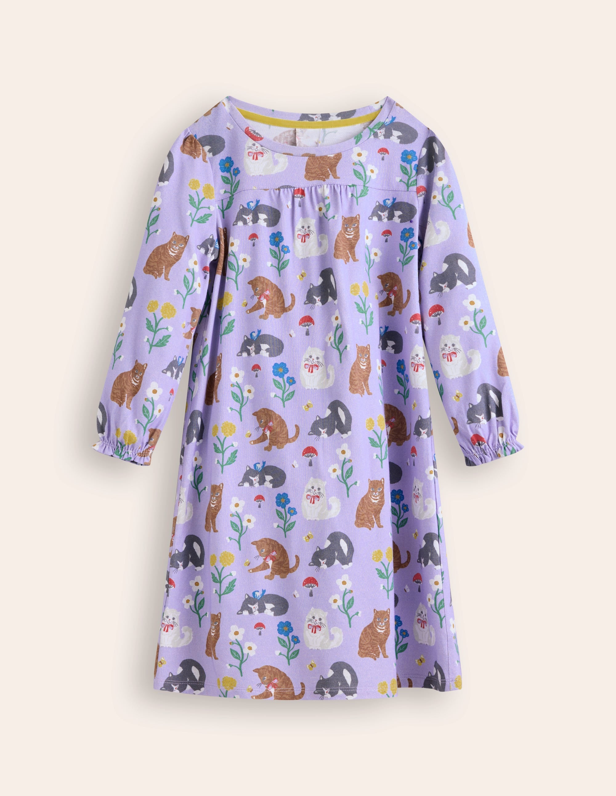 Chemise de nuit à manches longues imprimée-Chats lavande brumeuse - Image 1