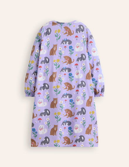 Printed Long-sleeved Nightie-Misty Lavender Cats