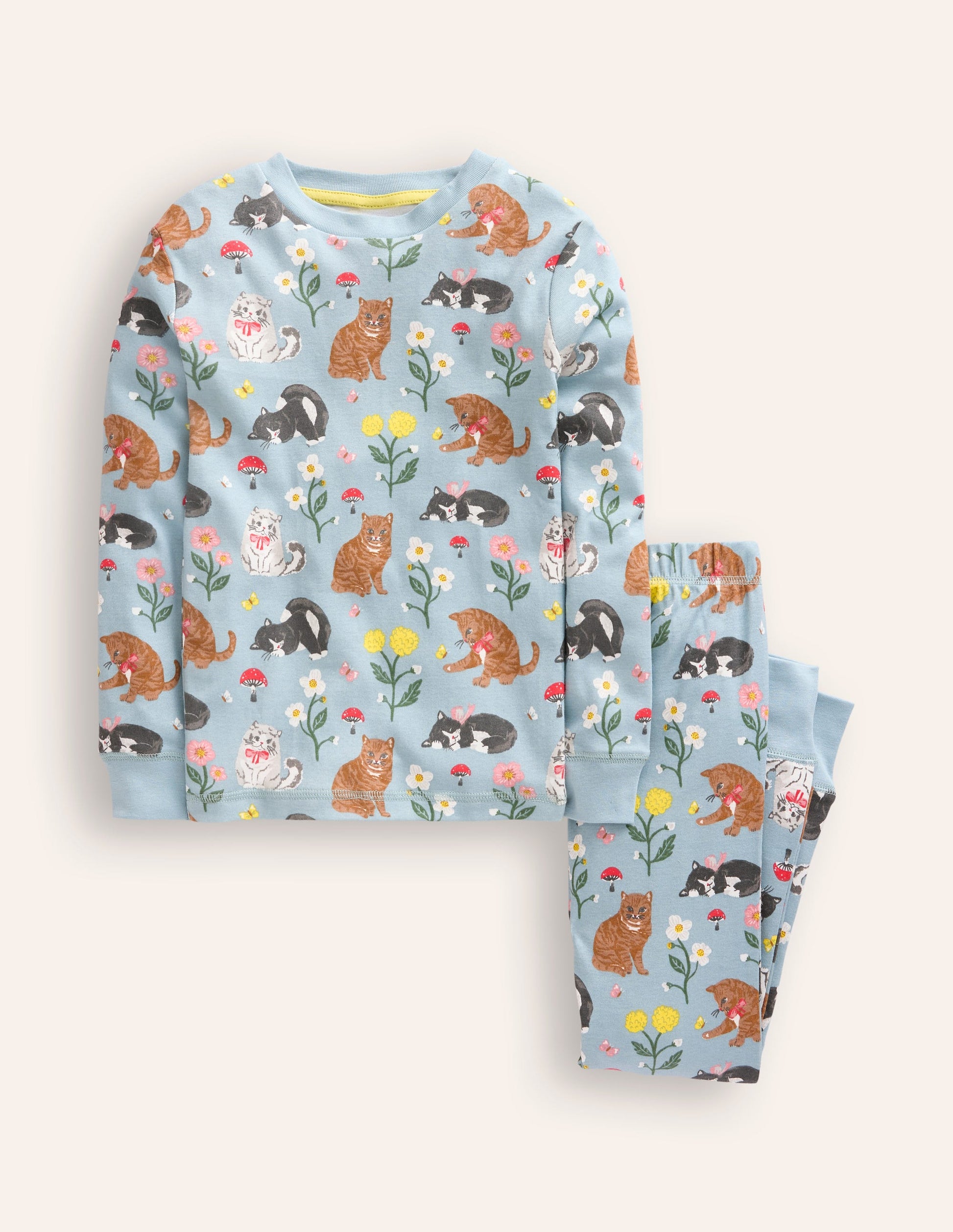 Snug Long John Pyjamas-Turquoise Cats-1