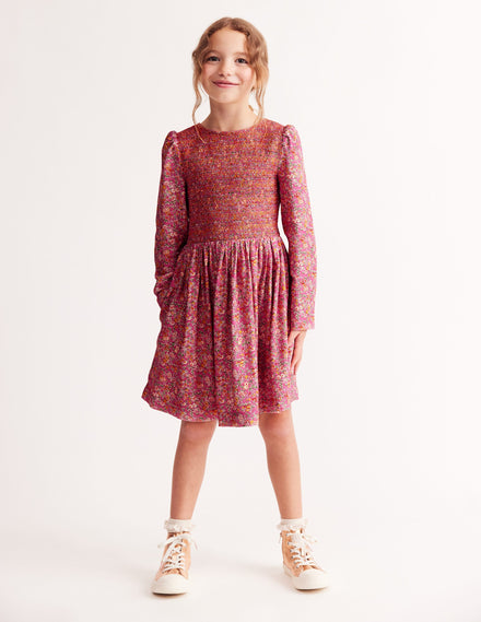 Robe tissée avec corsage froncé-Motif floral vintage rose pétale