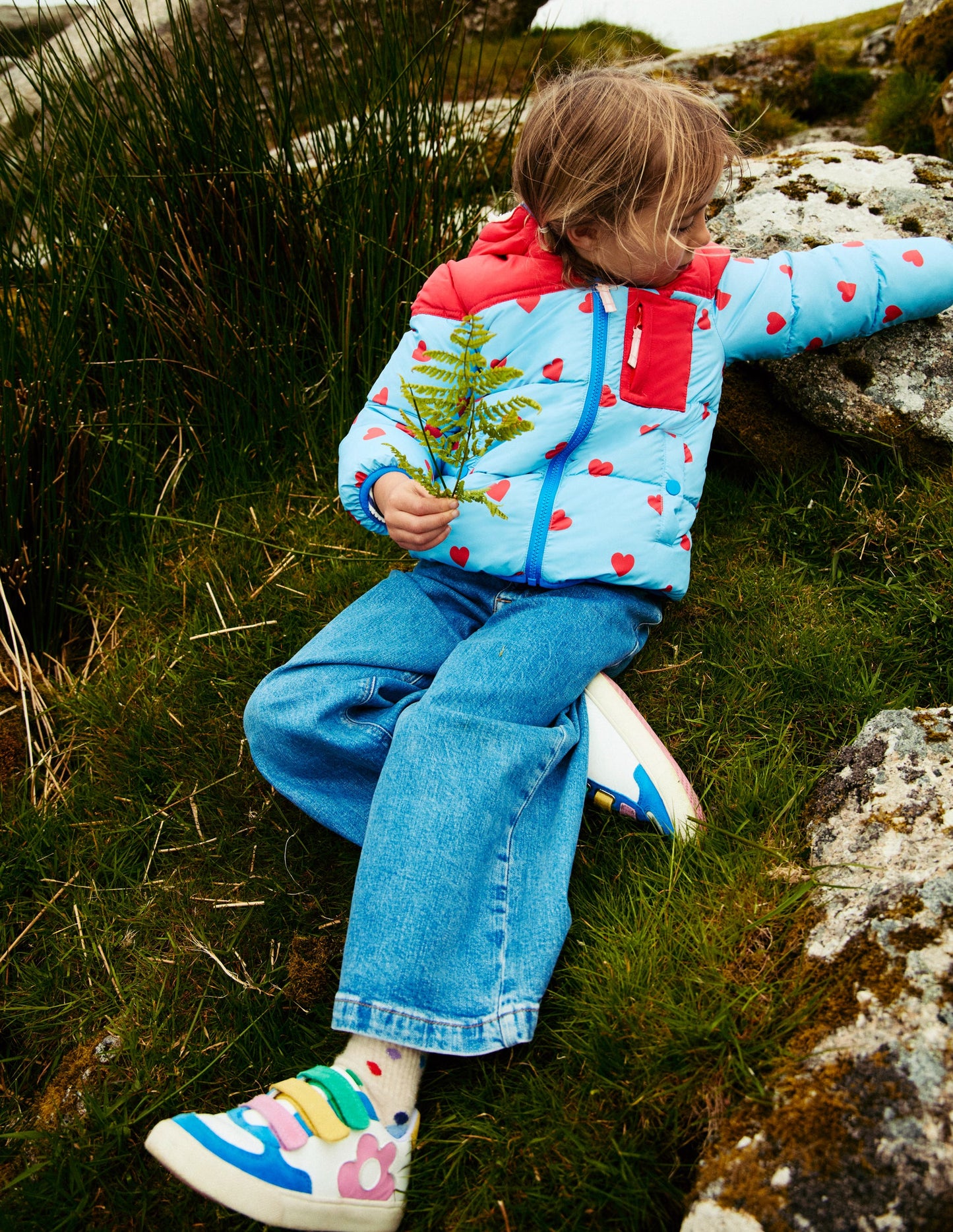 Reversible Padded Borg Coat-Blue/Red Ditsy Hearts