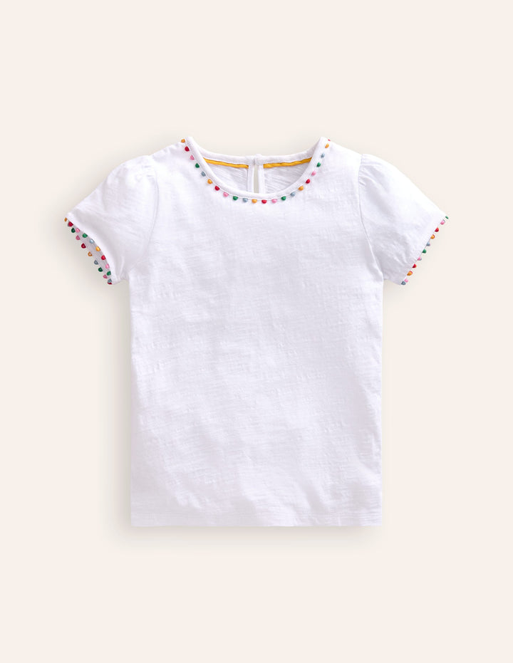 Ali Puff Sleeve Pom T-Shirt-White