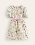 Cotton Linen Vintage Dress-Ivory Painted Puppies