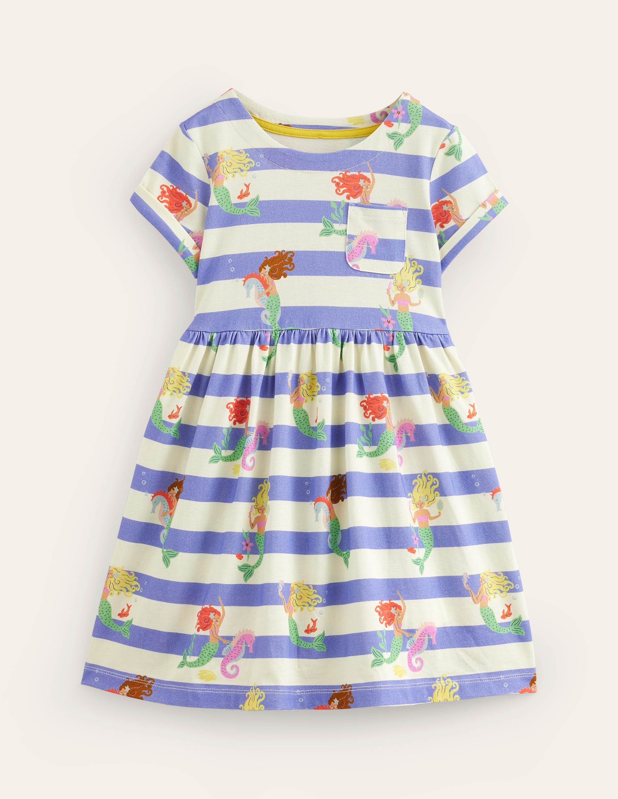 Short-sleeved Fun Jersey Dress-Surf Blue Mermaid Stripe - Image 1
