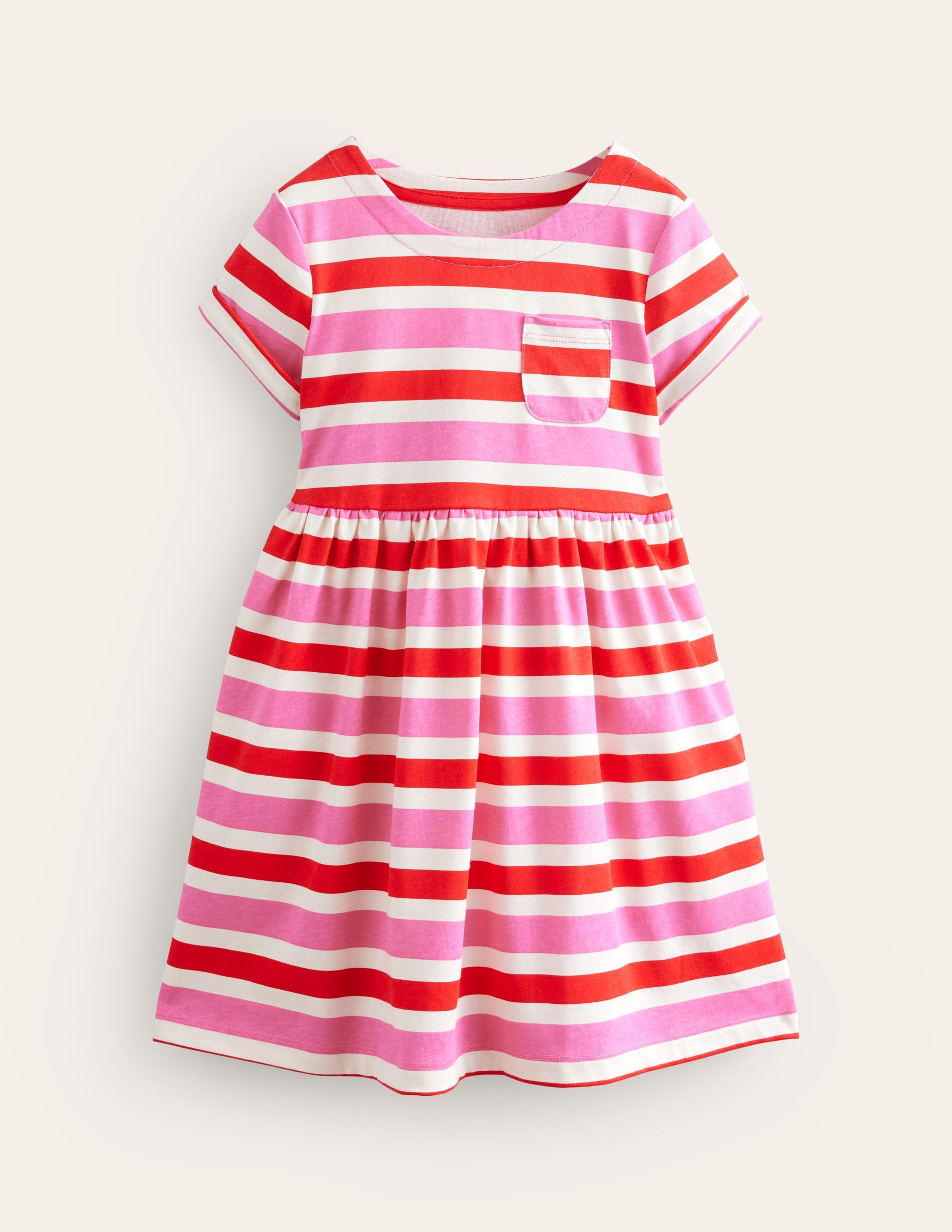 Lustiges Jerseykleid mit kurzen Ärmeln-Mohnblumenrot/Rosa Streifen-1