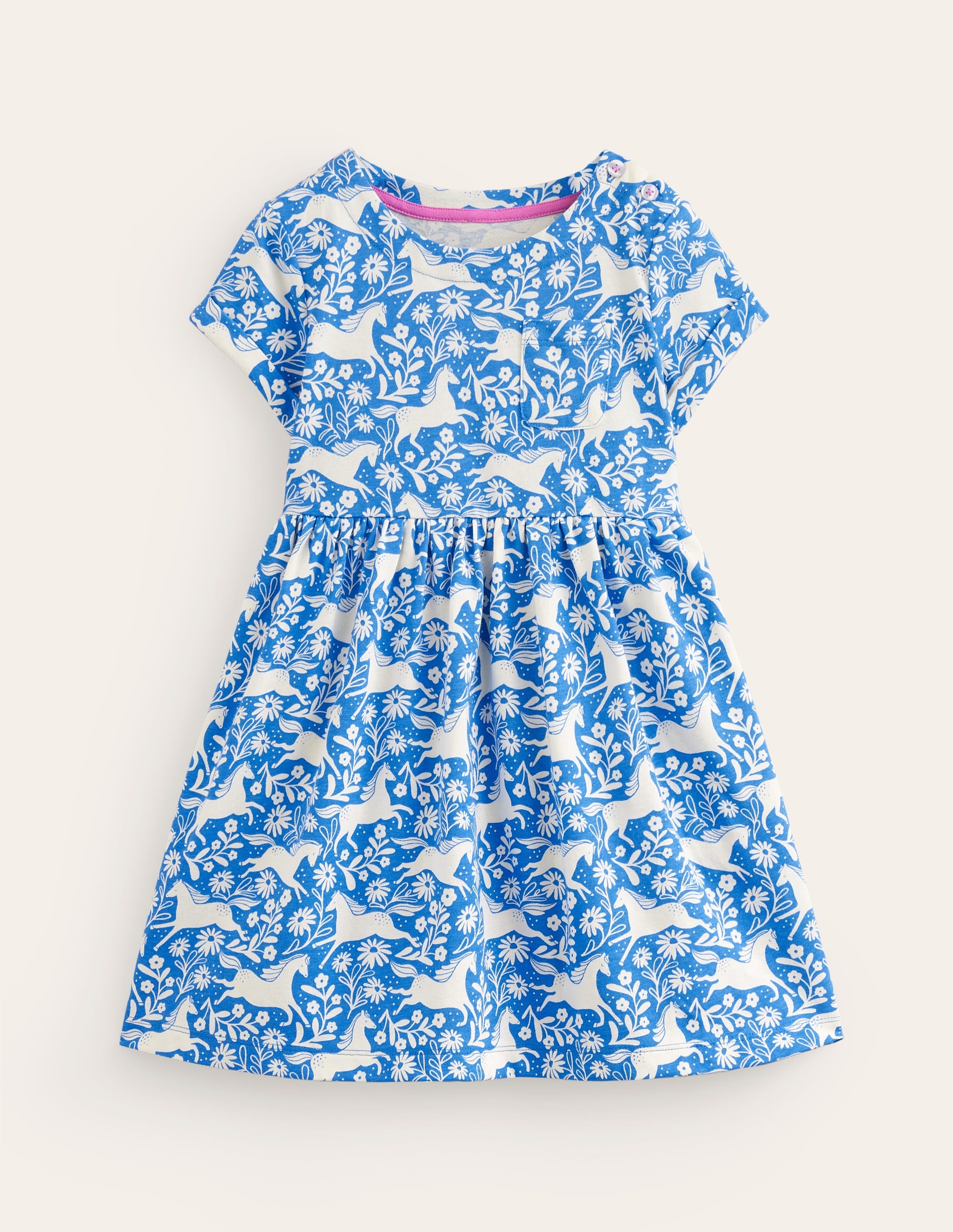 Robe fun à manches courtes en jersey-Chevaux bleu plume de paon - Image 1