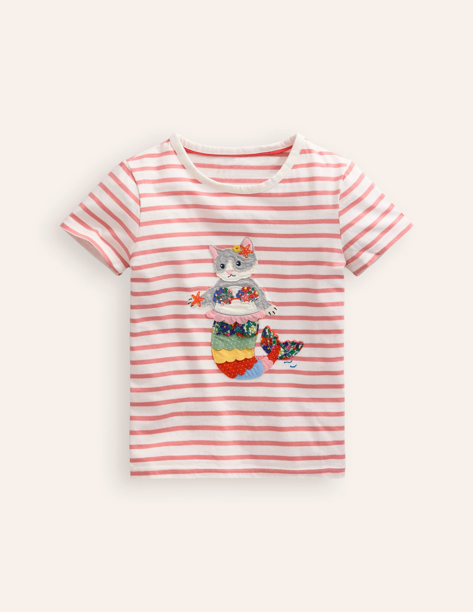 T-shirt manches courtes à appliqué-Chat sirène ivoire/rose-1