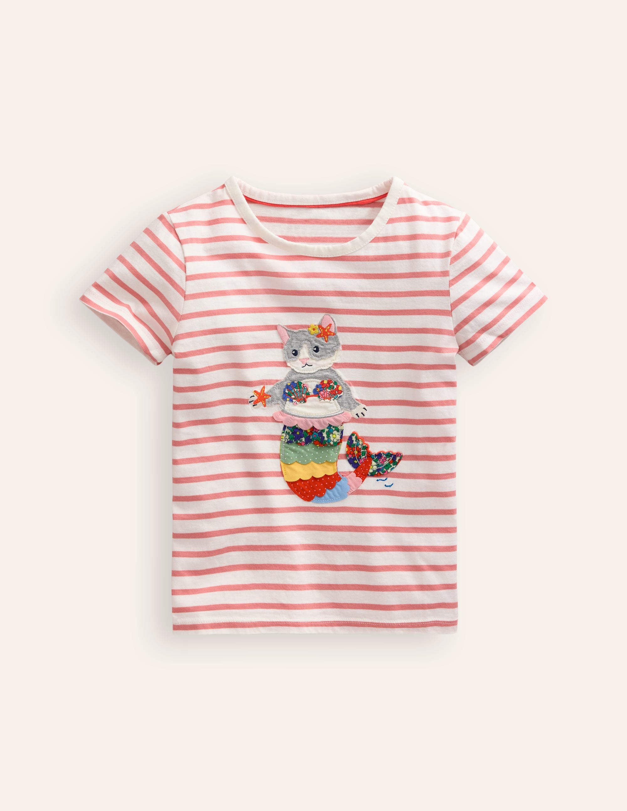 T-shirt manches courtes à appliqué-Chat sirène ivoire/rose - Image 1