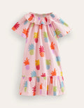 Gewebtes Kleid mit Rüschenausschnitt-Blütenrosa Ananas