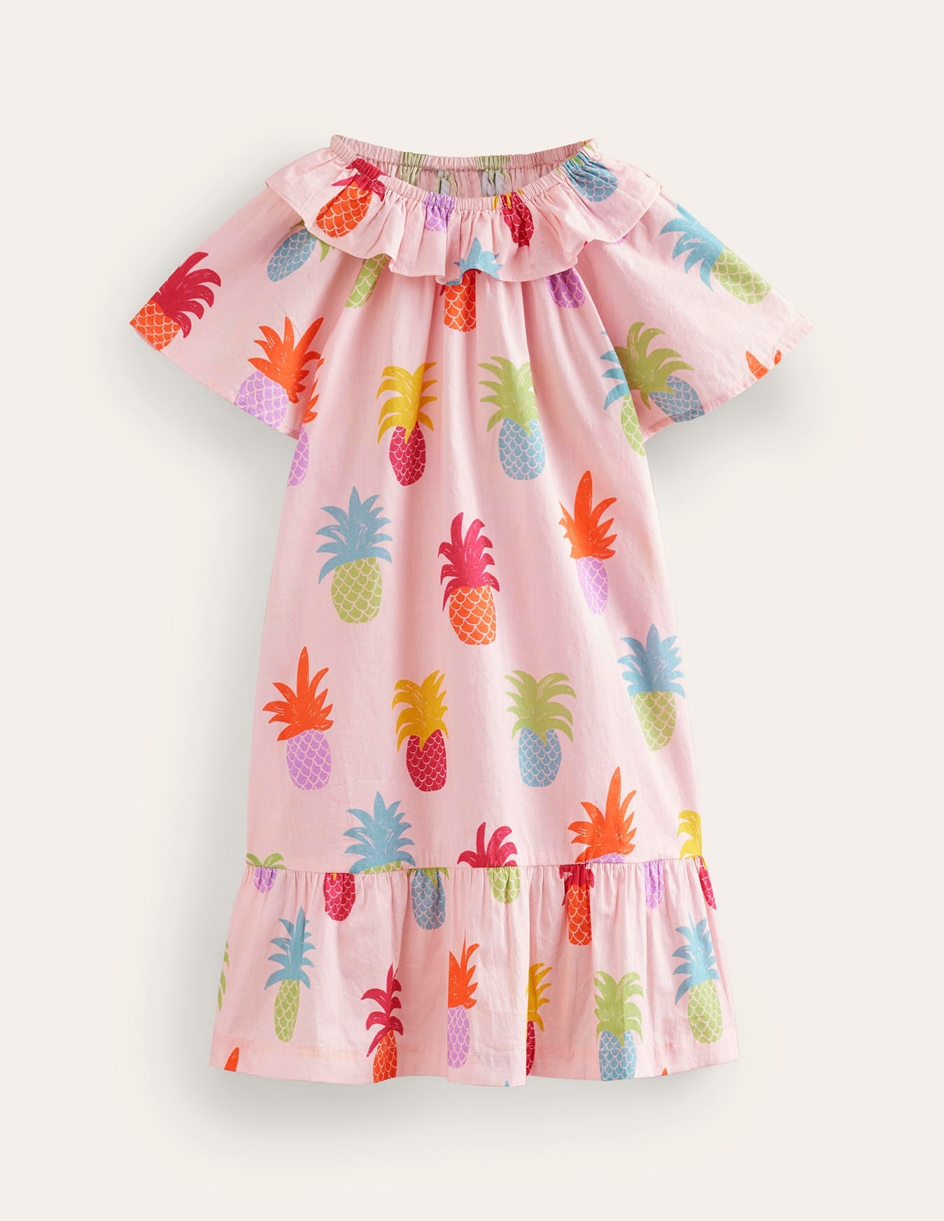 Gewebtes Kleid mit Rüschenausschnitt-Blütenrosa Ananas-1