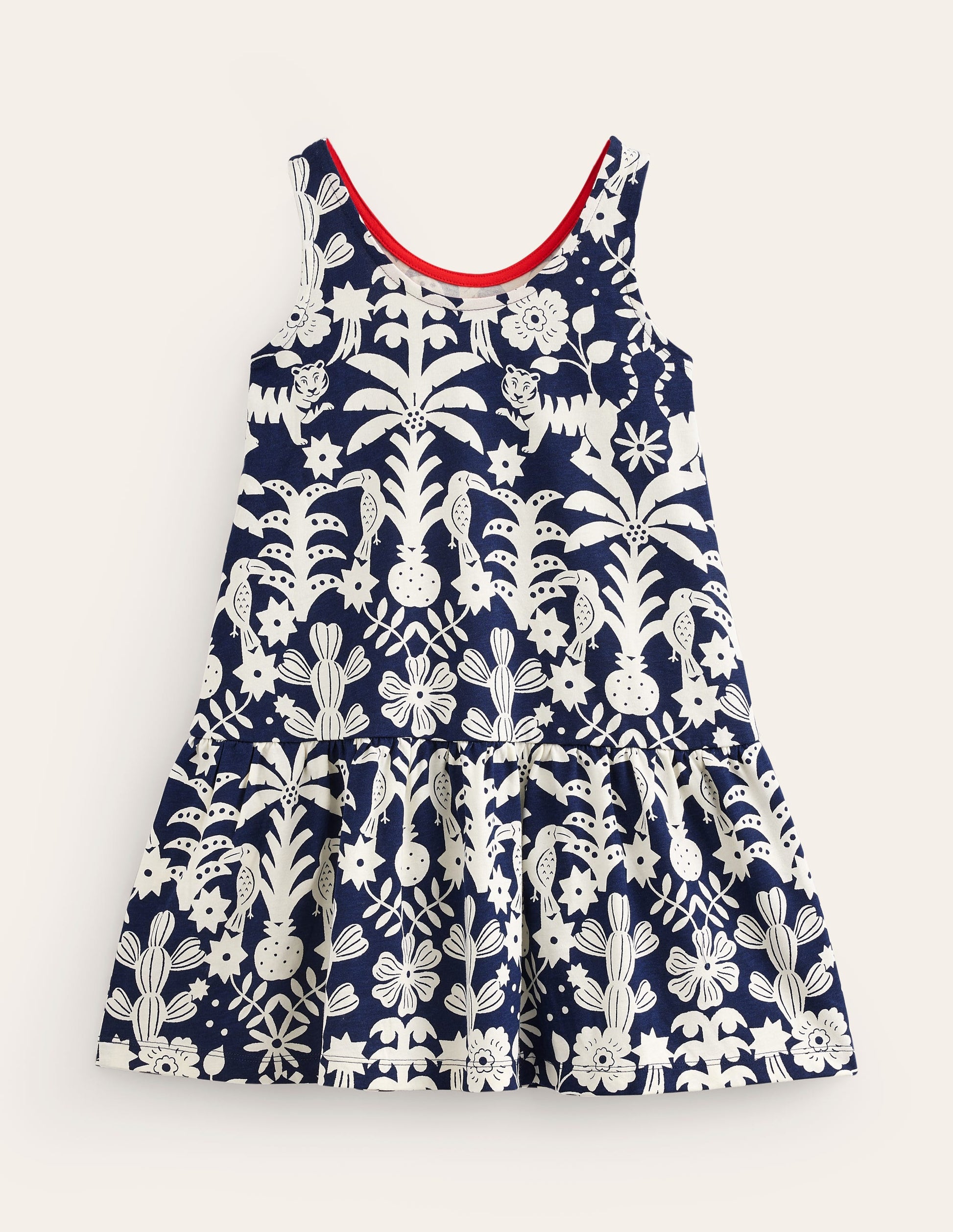 Trägerkleid mit tiefer Taille-Schuluniform-Marineblau Tiere Holzblock-2