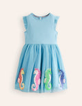 Jerseykleid mit Tüllrock und Applikation-Aqua Meeresblau Seepferdchen