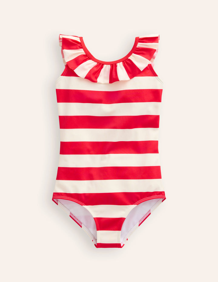 Frill Neck Swimsuit-Poppy Red/ Vanilla Pod Stripe