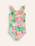 Frill Neck Swimsuit-Multi Rainbow Palm
