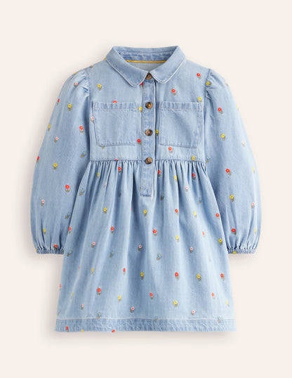 Robe-chemise à manches bouffantes-Fleur denim vintage moyen