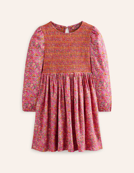 Gewebtes Kleid mit gerafftem Oberteil-Rosenblüten Vintage-Rosa Blumenmuster